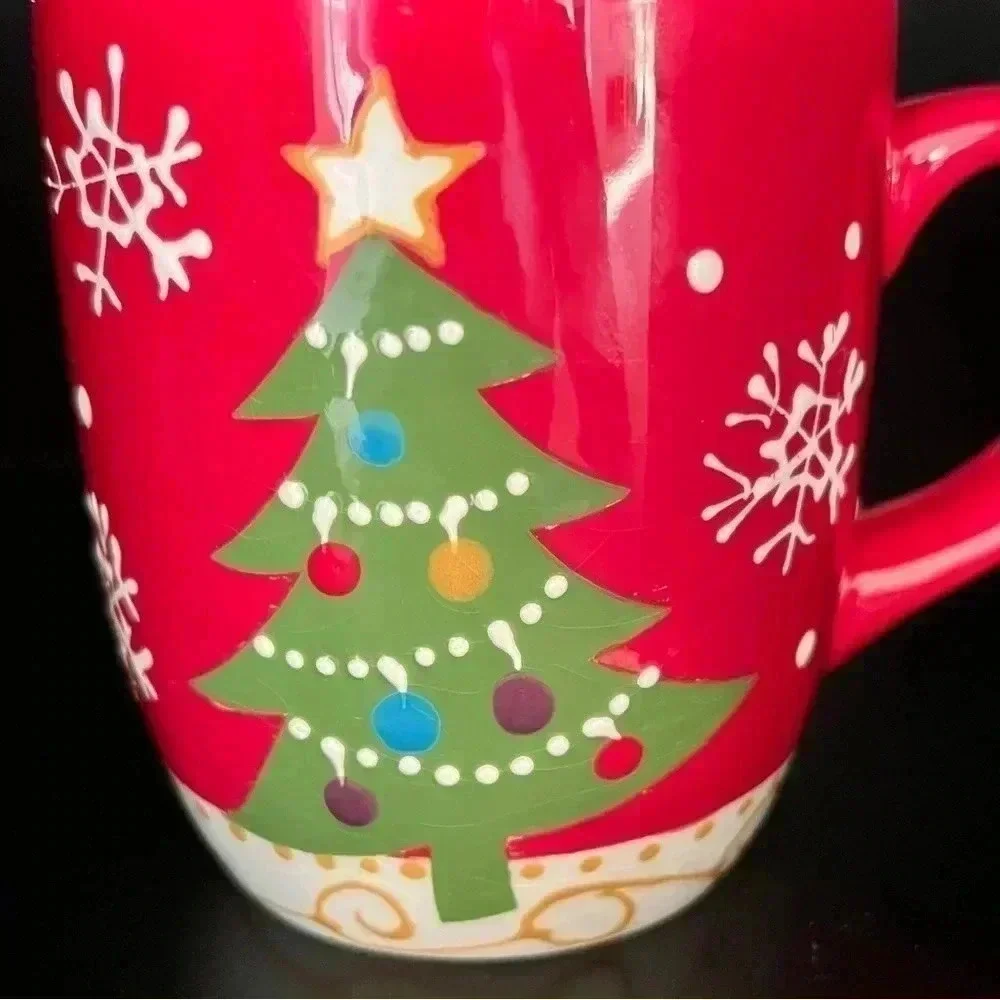 Pier 1 Imports Christmas Tree Snowflakes Red Large Coffee Mug Handpainted